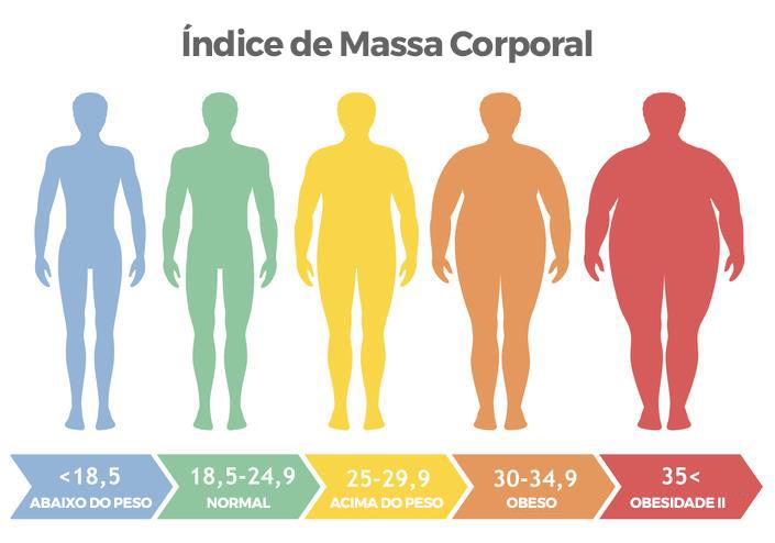 Perceba que o índice de IMC está diretamente relacionado ao peso (massa corporal). Portanto, quanto maior o valor do IMC, maior o sobrepeso. Imagem: Sistema SCA